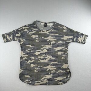 Lildy‎ Waffle Knit Tunic Women S-M Green Camo 3/4 Sleeve Relaxed Fit Top